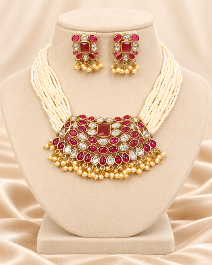 Multi-Strand Pearl-Style Bead Bib Necklace Set - Ruby and Clear - mannequin view