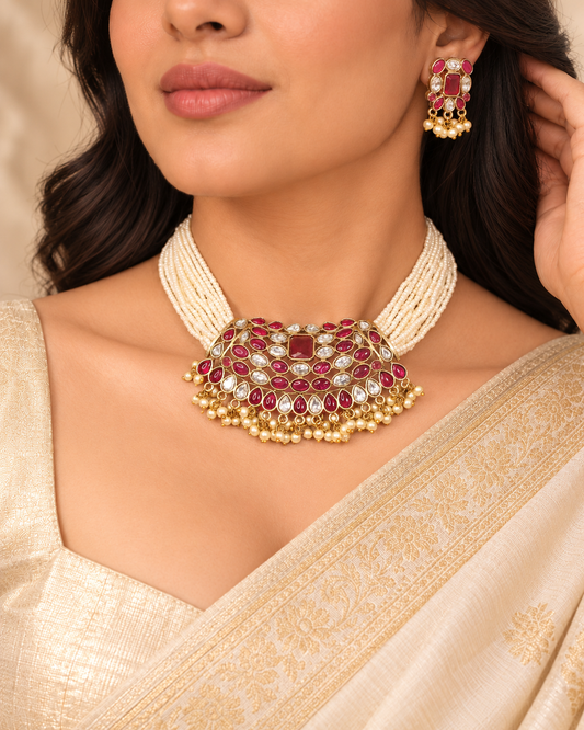 Multi-Strand Pearl-Style Bead Bib Necklace Set - Ruby and Clear - model view