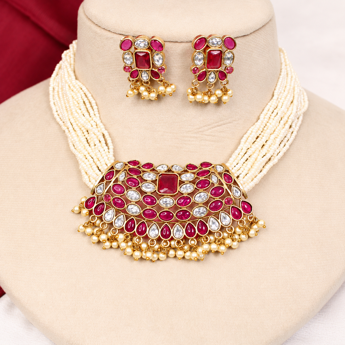 Multi-Strand Pearl-Style Bead Bib Necklace Set - Ruby and Clear - retouched original photograph IMG_8399