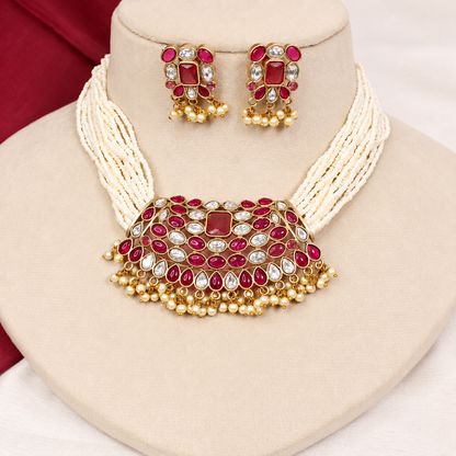 Multi-Strand Pearl-Style Bead Bib Necklace Set - Ruby and Clear - retouched original photograph IMG_8400