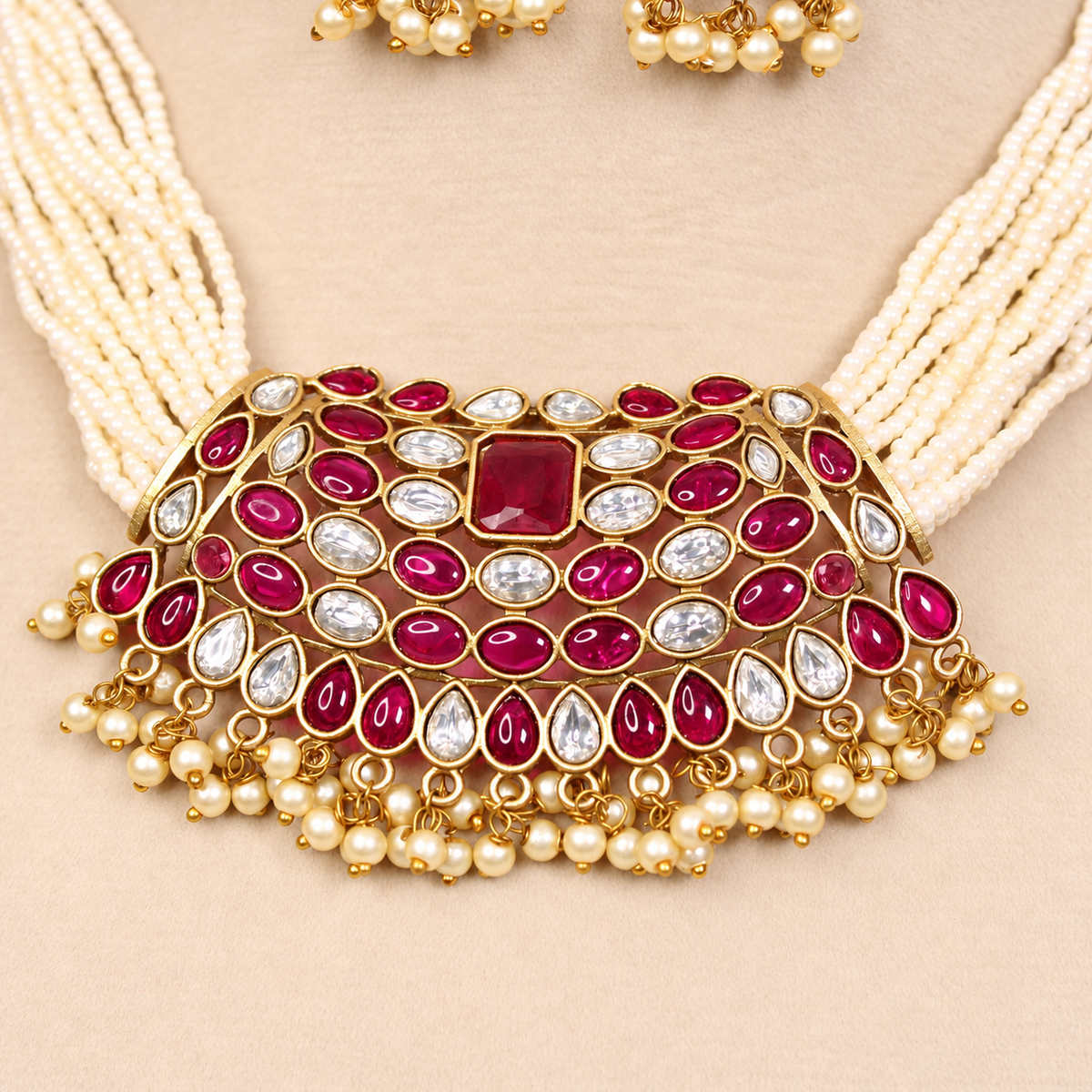 Multi-Strand Pearl-Style Bead Bib Necklace Set - Ruby and Clear - retouched original photograph IMG_8401