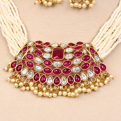 Multi-Strand Pearl-Style Bead Bib Necklace Set - Ruby and Clear - retouched original photograph IMG_8401
