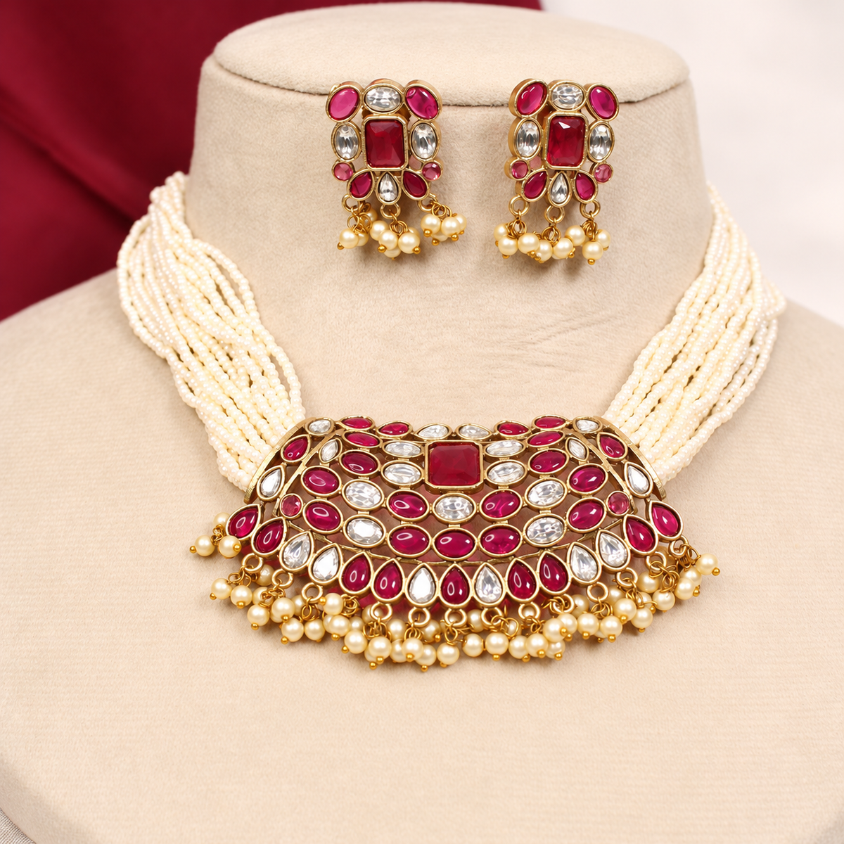 Multi-Strand Pearl-Style Bead Bib Necklace Set - Ruby and Clear - retouched original photograph IMG_8402