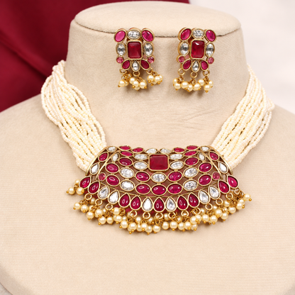 Multi-Strand Pearl-Style Bead Bib Necklace Set - Ruby and Clear - retouched original photograph IMG_8402