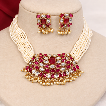 Multi-Strand Pearl-Style Bead Bib Necklace Set - Ruby and Clear - retouched original photograph IMG_8404