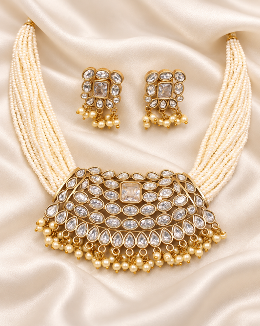 Multi-Strand Pearl-Style Bead Bib Necklace Set - Clear — AI-styled closeup view