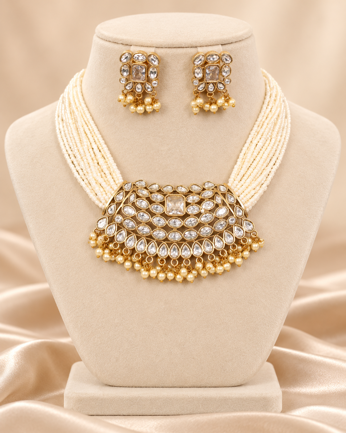 Multi-Strand Pearl-Style Bead Bib Necklace Set - Clear — AI-styled mannequin view