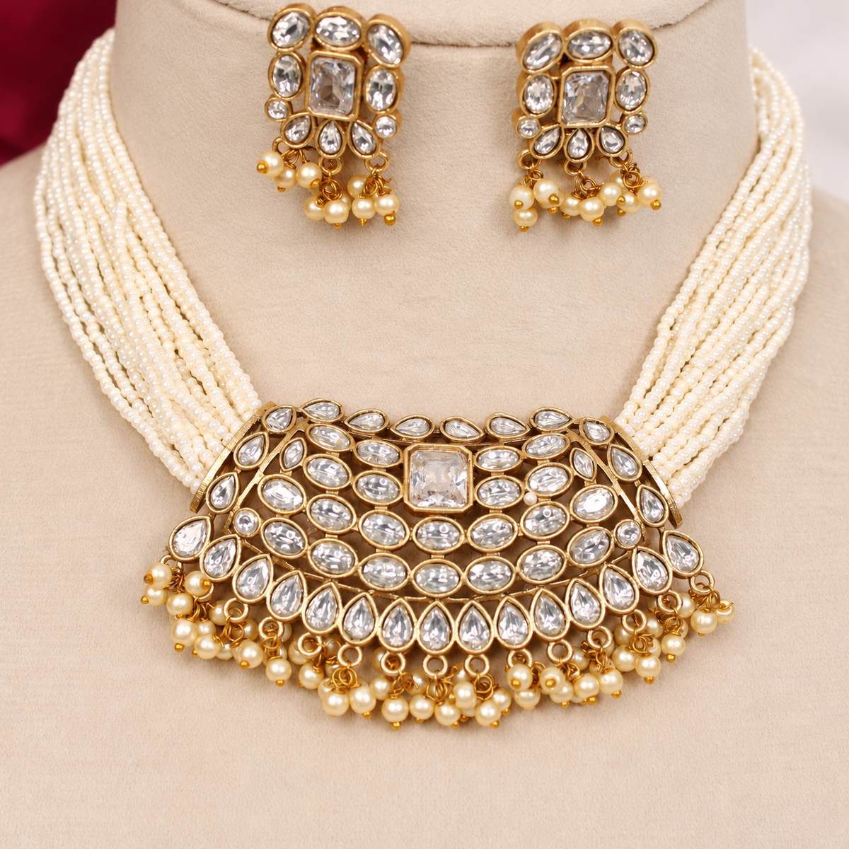 Multi-Strand Pearl-Style Bead Bib Necklace Set - Clear — retouched original photograph IMG_8408