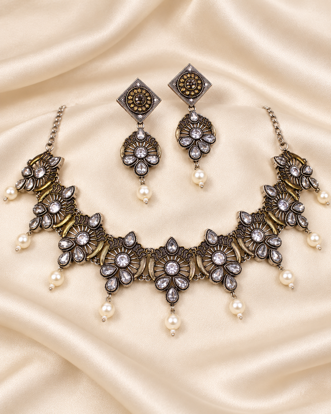 Oxidised Floral Pearl-Style Drop Necklace Set - Dark Silver Tone — AI-styled closeup view