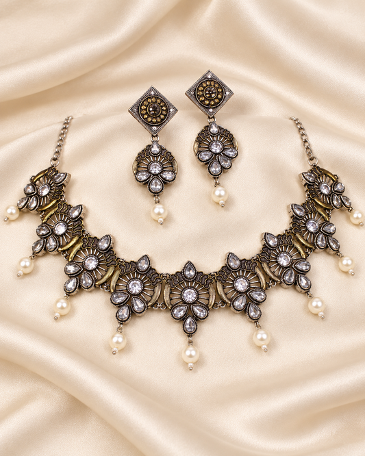 Oxidised Floral Pearl-Style Drop Necklace Set - Dark Silver Tone — AI-styled closeup view