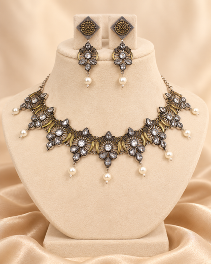 Oxidised Floral Pearl-Style Drop Necklace Set - Dark Silver Tone — AI-styled mannequin view