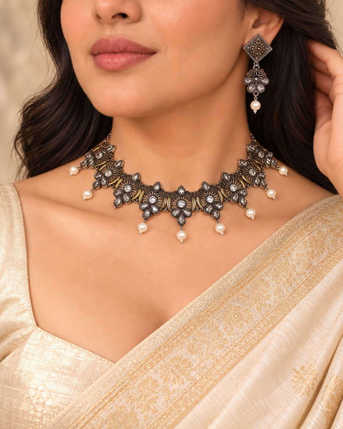 Oxidised Floral Pearl-Style Drop Necklace Set - Dark Silver Tone — AI-styled model view