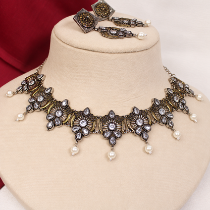 Oxidised Floral Pearl-Style Drop Necklace Set - Dark Silver Tone — retouched original photograph IMG_8410