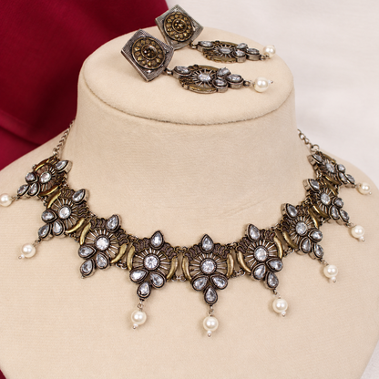 Oxidised Floral Pearl-Style Drop Necklace Set - Dark Silver Tone — retouched original photograph IMG_8411