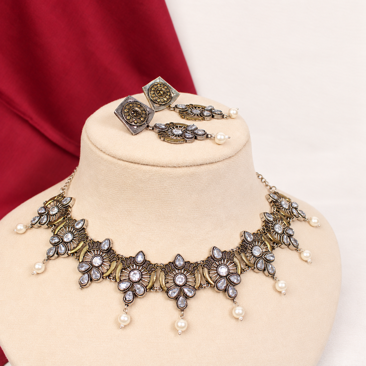 Oxidised Floral Pearl-Style Drop Necklace Set - Dark Silver Tone — retouched original photograph IMG_8412