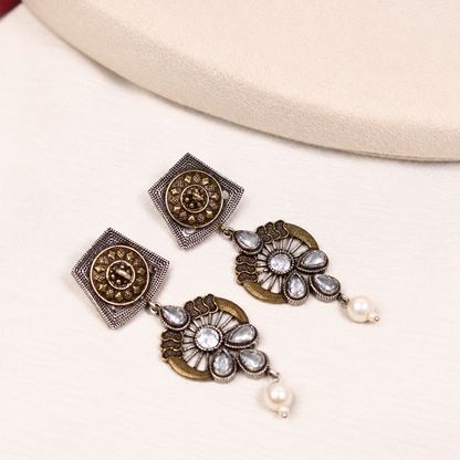 Oxidised Floral Pearl-Style Drop Necklace Set - Dark Silver Tone — retouched original photograph IMG_8413