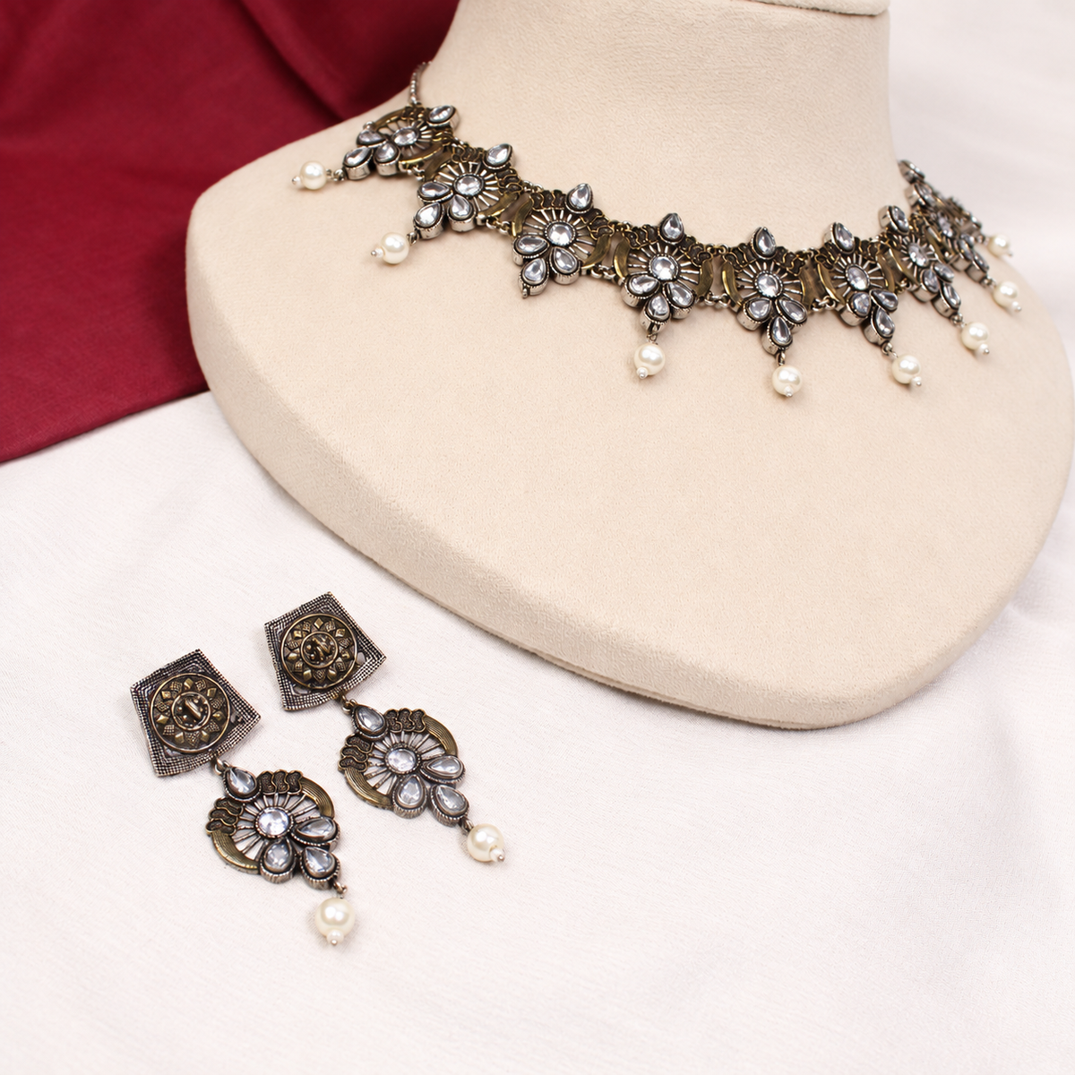 Oxidised Floral Pearl-Style Drop Necklace Set - Dark Silver Tone — retouched original photograph IMG_8414