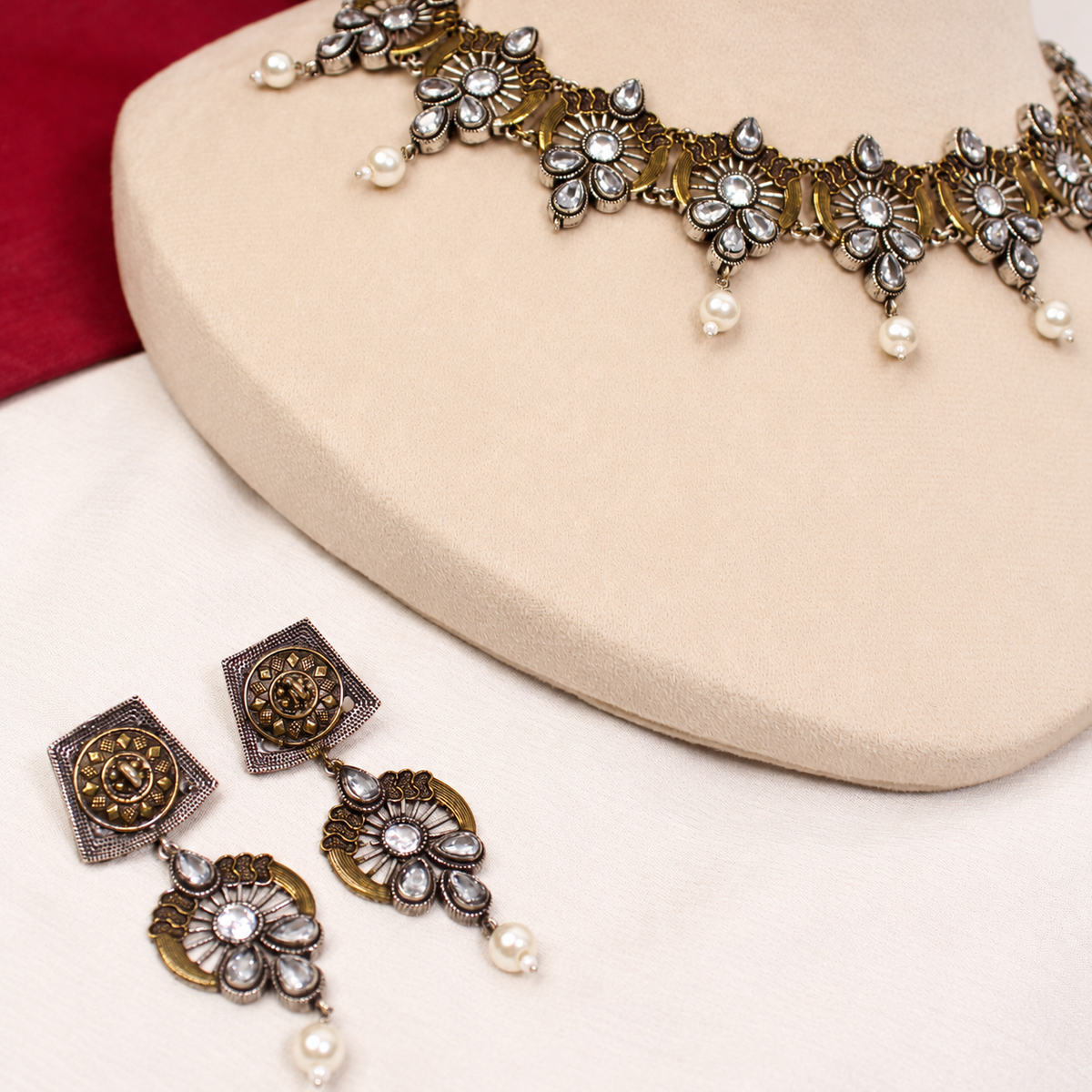 Oxidised Floral Pearl-Style Drop Necklace Set - Dark Silver Tone — retouched original photograph IMG_8415