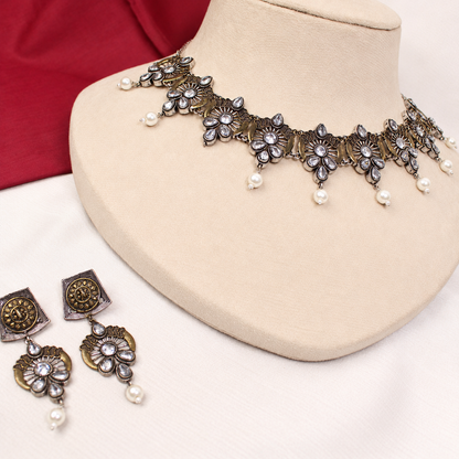 Oxidised Floral Pearl-Style Drop Necklace Set - Dark Silver Tone — retouched original photograph IMG_8416