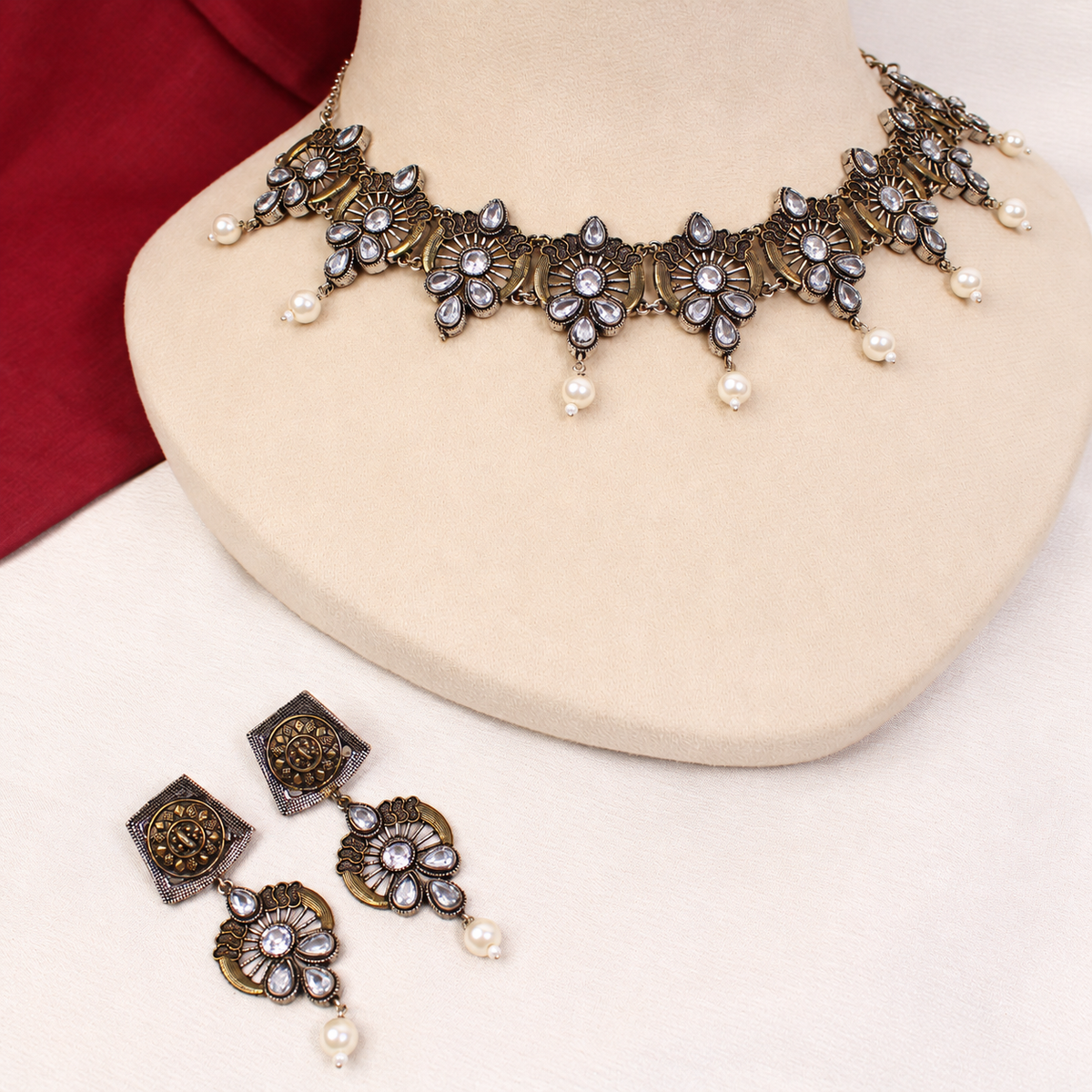Oxidised Floral Pearl-Style Drop Necklace Set - Dark Silver Tone — retouched original photograph IMG_8417