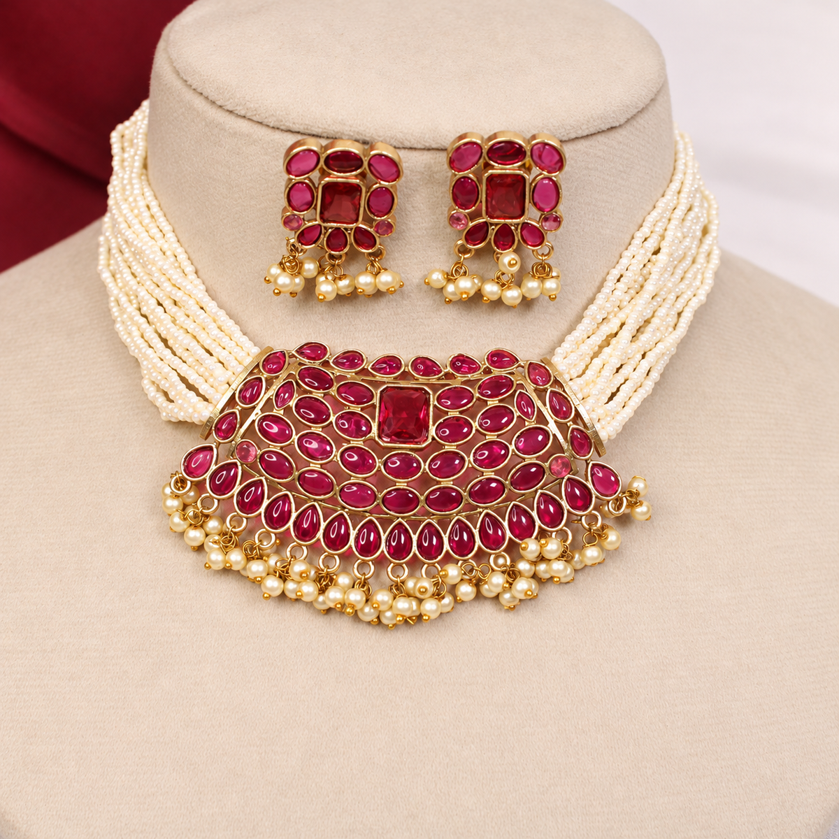 Multi-Strand Pearl-Style Bead Bib Necklace Set - Ruby - retouched original photograph IMG_8405