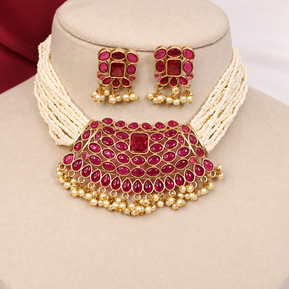 Multi-Strand Pearl-Style Bead Bib Necklace Set - Ruby - retouched original photograph IMG_8405