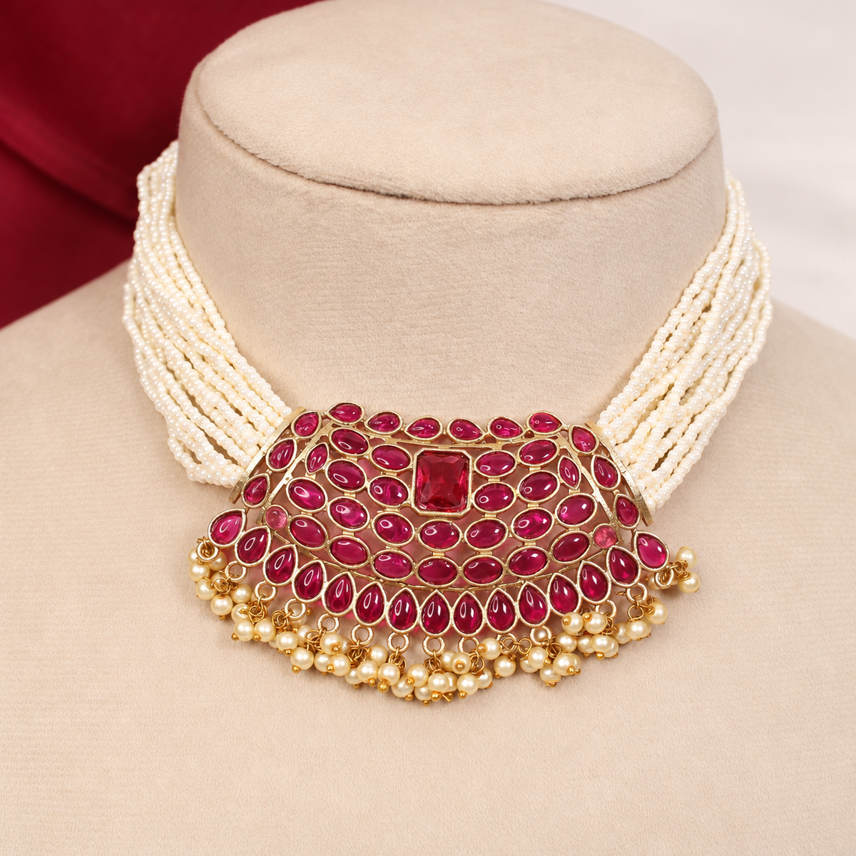 Multi-Strand Pearl-Style Bead Bib Necklace Set - Ruby - retouched original photograph IMG_8406