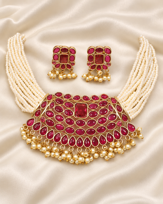 Multi-Strand Pearl-Style Bead Bib Necklace Set - Ruby - closeup view