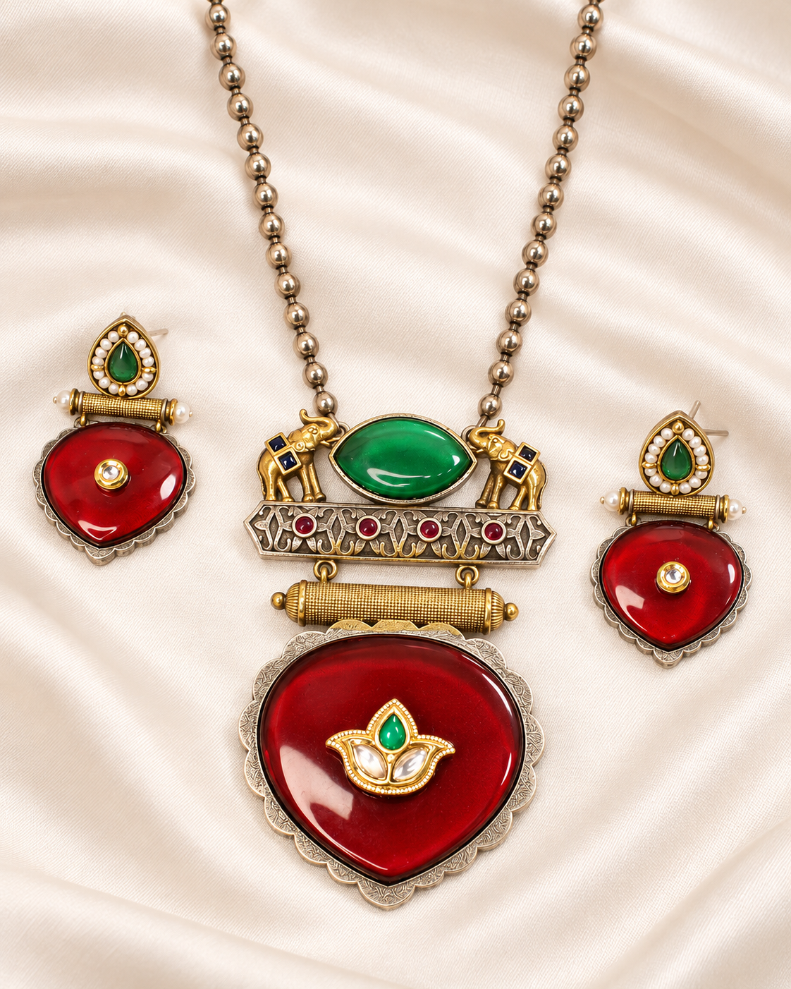 Floral Heart Drop Dual Tone Pendant Set - Red and Green — AI-styled closeup view