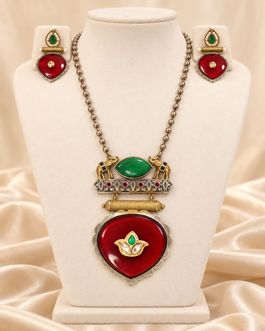 Floral Heart Drop Dual Tone Pendant Set - Red and Green — AI-styled mannequin view