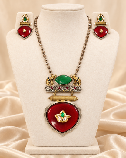 Floral Heart Drop Dual Tone Pendant Set - Red and Green — AI-styled mannequin view