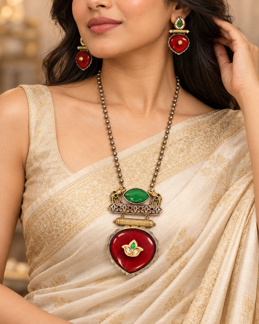 Floral Heart Drop Dual Tone Pendant Set - Red and Green — AI-styled model view