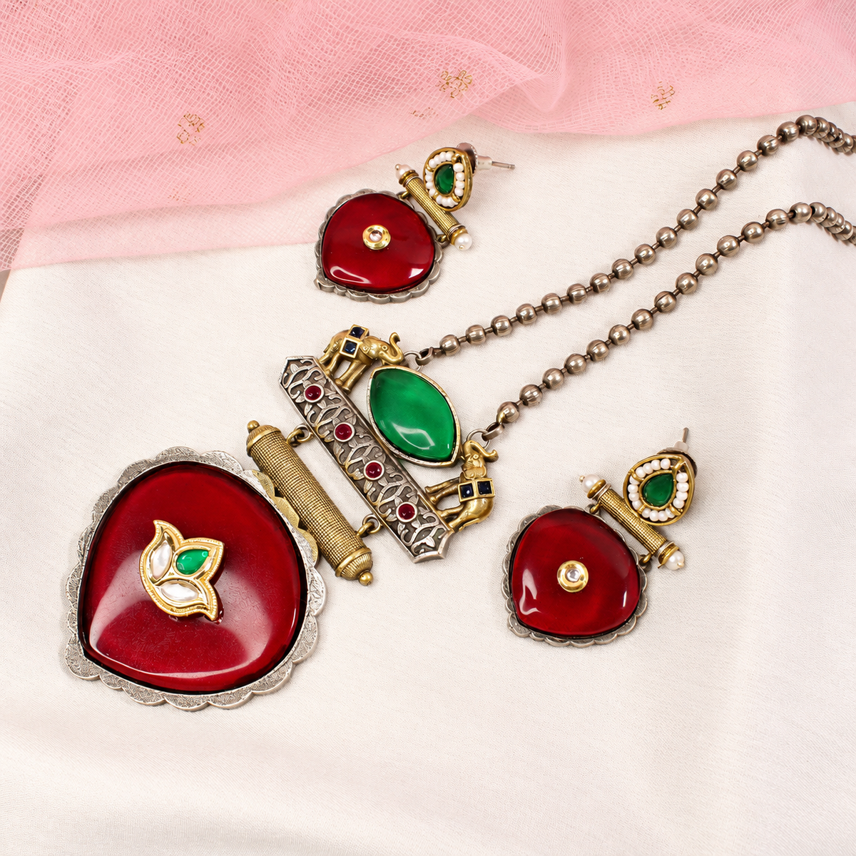 Floral Heart Drop Dual Tone Pendant Set - Red and Green — retouched original photograph IMG_7901