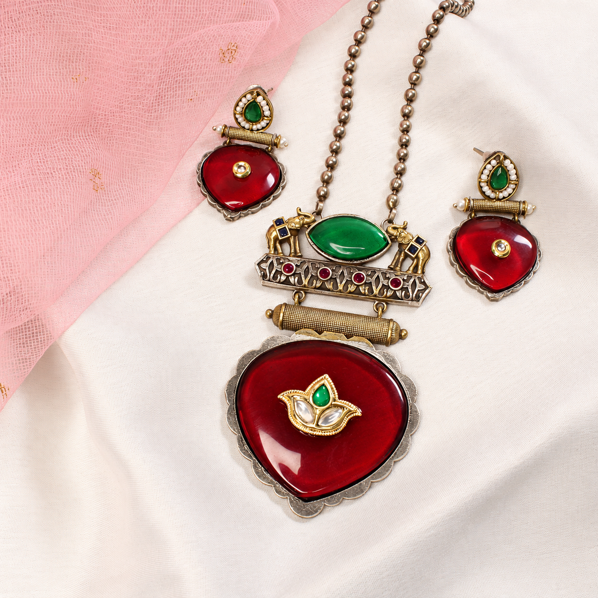 Floral Heart Drop Dual Tone Pendant Set - Red and Green — retouched original photograph IMG_7902