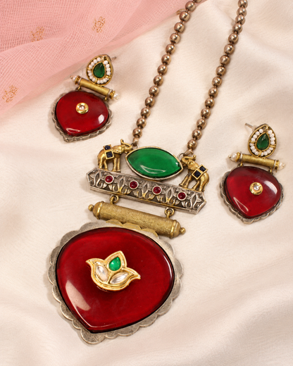 Floral Heart Drop Dual Tone Pendant Set - Red and Green — AI-styled ornament detail view