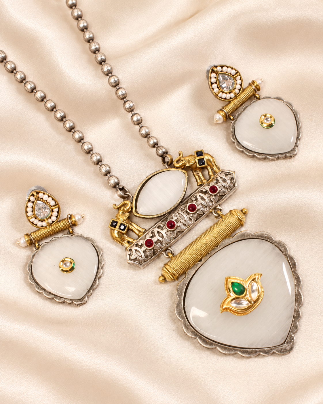 Floral Heart Drop Dual Tone Pendant Set - White — AI-styled closeup view