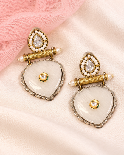 Floral Heart Drop Dual Tone Pendant Set - White — AI-styled earring detail view