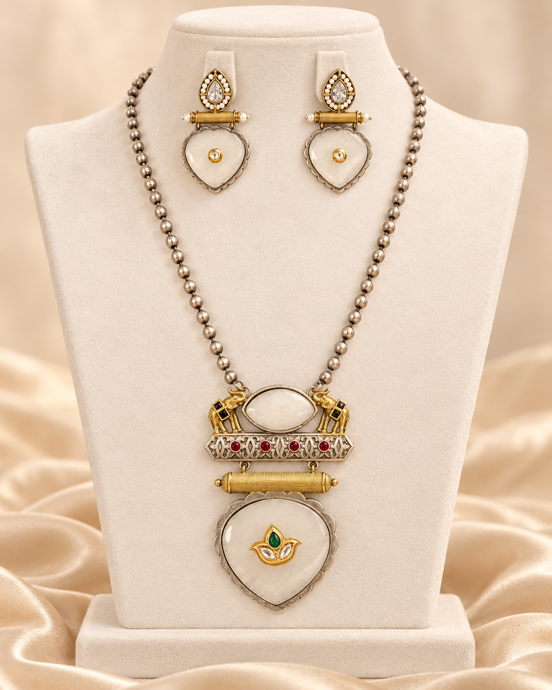 Floral Heart Drop Dual Tone Pendant Set - White — AI-styled mannequin view