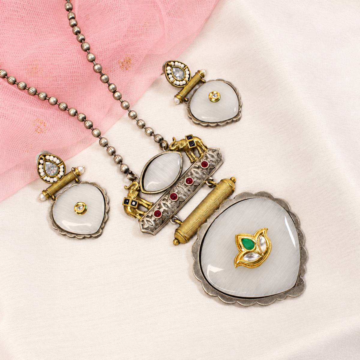 Floral Heart Drop Dual Tone Pendant Set - White — retouched original photograph IMG_7904