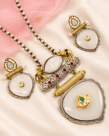 Floral Heart Drop Dual Tone Pendant Set - White — AI-styled ornament detail view