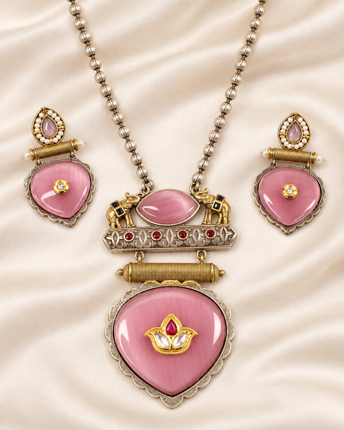 Floral Heart Drop Dual Tone Pendant Set - Pink — AI-styled closeup view