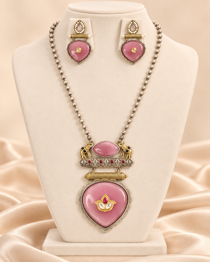 Floral Heart Drop Dual Tone Pendant Set - Pink — AI-styled mannequin view