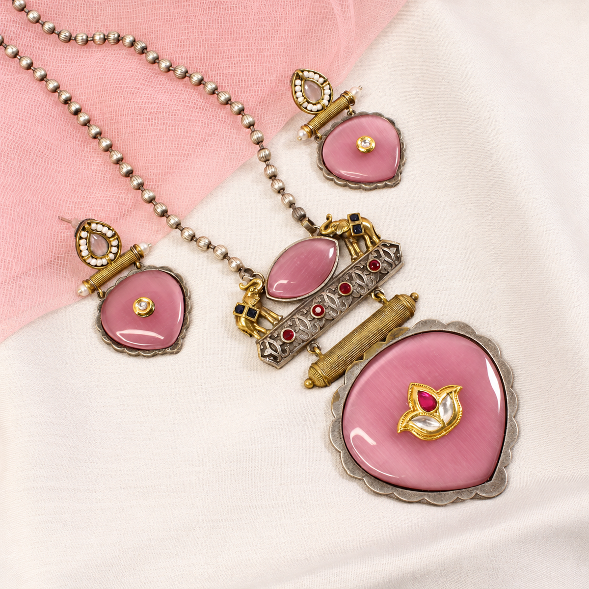 Floral Heart Drop Dual Tone Pendant Set - Pink — retouched original photograph IMG_7905
