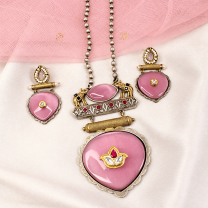 Floral Heart Drop Dual Tone Pendant Set - Pink — retouched original photograph IMG_7908