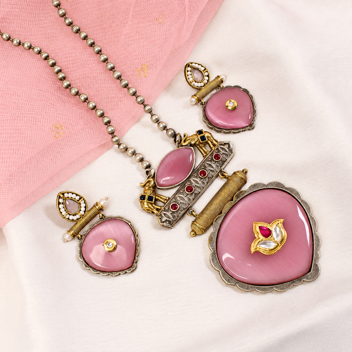Floral Heart Drop Dual Tone Pendant Set - Pink — retouched original photograph IMG_7909