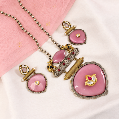 Floral Heart Drop Dual Tone Pendant Set - Pink — retouched original photograph IMG_7909