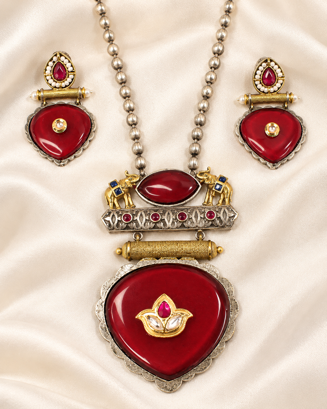 Floral Heart Drop Dual Tone Pendant Set - Ruby — AI-styled closeup view