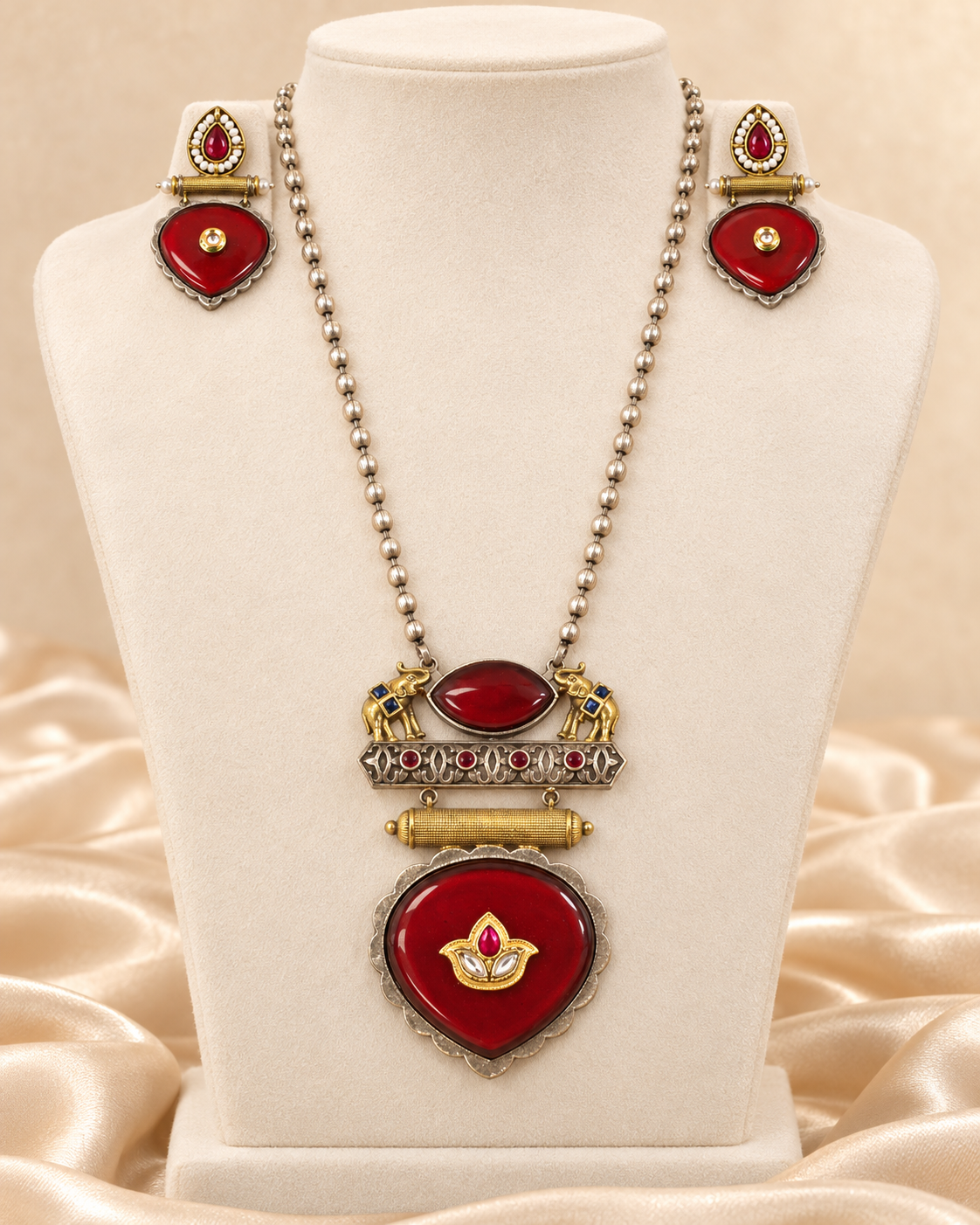 Floral Heart Drop Dual Tone Pendant Set - Ruby — AI-styled mannequin view