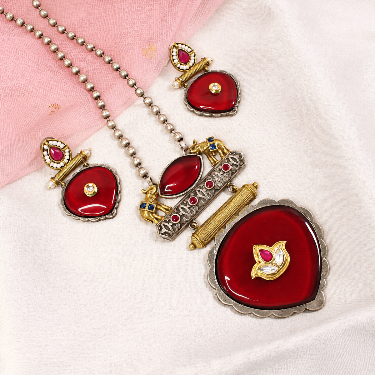 Floral Heart Drop Dual Tone Pendant Set - Ruby — retouched original photograph IMG_7906