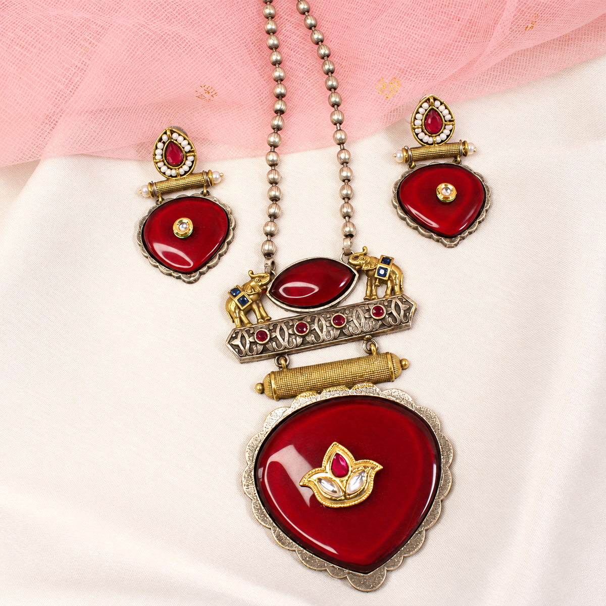 Floral Heart Drop Dual Tone Pendant Set - Ruby — retouched original photograph IMG_7907